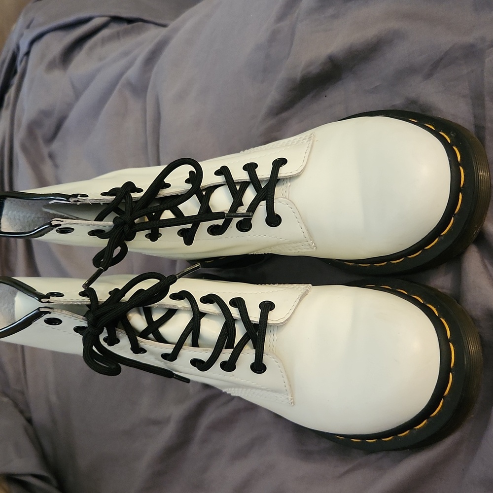 Dr. Martens, Docs, White Ankle Combat Boots with Black Laces, 8